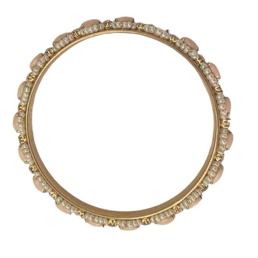 J crew gold tone brass bangle bracelet seed pearls, crystal & blush beads - Picture 2 of 5
